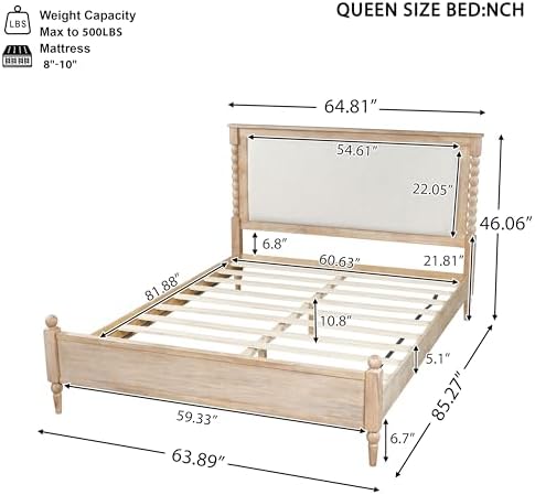 Merax Queen Size Solid Wood Platform Bed Frame, Upholstered Headboard & Classic Spindle & with Fabric Panel, No Box Spring Needed, 500 lbs Capacity Timeless Traditional for Bedroom, Natural