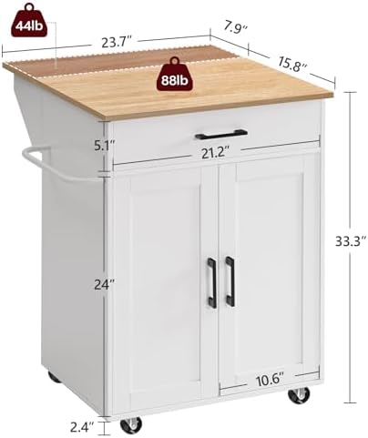 MAHANCRIS Kitchen Island on Wheels with Drop Leaf, Folding Countertop Kitchen Island Cart, Kitchen Island Table with Towel Rack, Drawer, for Kitchen, Dining Room, White and Natural KINW12501