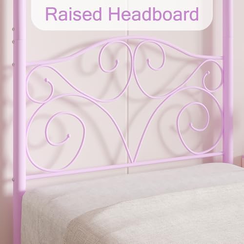 VECELO Metal Canopy Bed Frame Twin Size, 4 Posters Platform Mattress Foundation with Headboard, Heavy Duty Steel Slats Support, No Box Spring Needed, Purple
