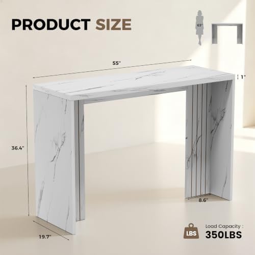 Miereirl 55" Bar Table, Marble Bar Height Table, 36.4" High Pub Table with Thick Tabletop, Narrow Entryway Table Sofa Table, Counter Height Dining Table for Living Room, Kitchen (White Marble)