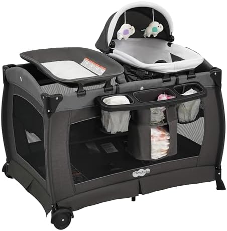 Pamo Babe Pack and Play 4-in-1 Baby Playard with Bassinet & Changing Table, Foldable Portable Playpen with Mattress, Travel Crib for Newborn to Toddler 0-36M-Black