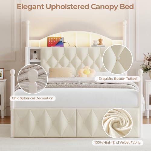 Twin Size Upholstered LED Canopy Bed Frame with 2 Drawers and & Charging Station, Button Tufted Storage Headboard, Metal Platform Bed with 4 Removable Posts, No Box Spring Needed, White