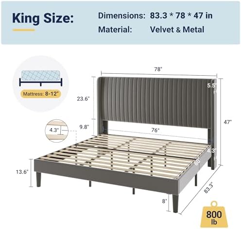 Allewie King Size Velvet Bed Frame/Vertical Channel Tufted Wingback Headboard/Upholstered Platform Bed/No Box Spring Needed/Strong Wooden Slats/Easy Assembly/Grey