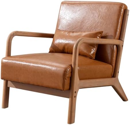 ANJ Mid Century Modern Accent Chair, PU Leather Reading Chair with Solid Wood Frame, Easy Assembly Armchair for Living Room