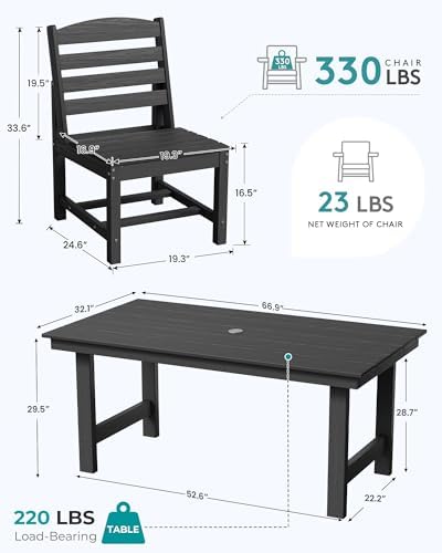SERWALL Armless Outdoor Dining Set, Patio Dining Set for 6, Black