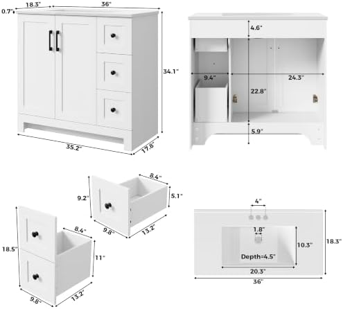 LIKIMIO 36" Bathroom Vanity with Sink, 2 Soft-Close Drawers & Doors, White | Freestanding Bathroom Vanity, Integrated Rectangular Ceramic Sink, Modern Bathroom Storage Cabinet, Assembly Required