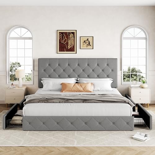 Allewie King Size Storage Bed Frame with 4 Underbed Drawers, Upholstered Platform Bed with Adjustable Headboard, Diamond Button Tufted, Easy Assembly, Noise-Free, No Box Spring Needed, Light Grey