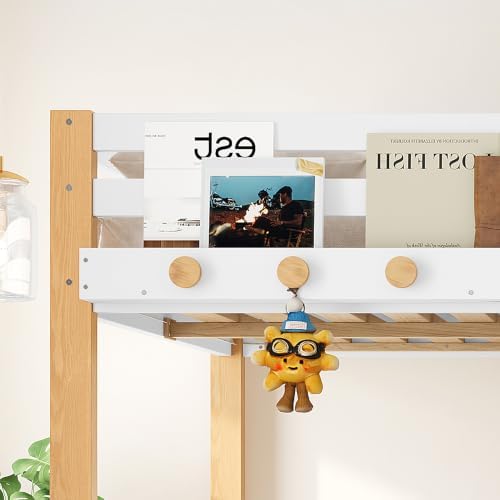 KEIKI Full Size Wooden Loft Bed Frame with Staircase, Clothes Hook, White