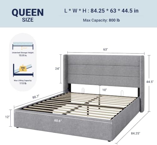 Allewie Queen Size Lift Up Hydraulic Storage Bed Frame Light Grey
