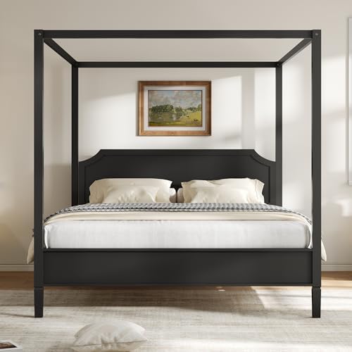 LUMISOL King Size Wood Canopy Platform Bed with Headboard, Vintage Four-Poster Platform Beds with Slat Support and Under-Bed Storage Space, 4 Corner Canopy Bed Post Frame, Black