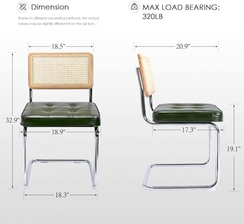 Zesthouse Natural Rattan Dining Chairs Set of 2, Mid Century Modern Dining Room Chairs with Chrome Leg, Faux Leather Kitchen Chair with Solid Wood Back & Cane Mesh, Breuer Cesca Design Inspired, Green