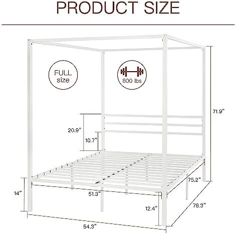 ikalido Full Size Metal Canopy Bed Frame, Heavy-Duty Support, White
