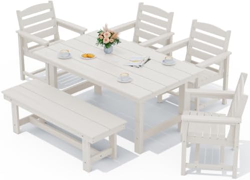 SERWALL Outdoor Dining Set, Patio Dining Set with Bench, White