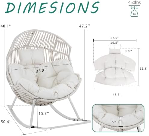 Shintenchi Egg Chair Outdoor, Oversized Outdoor Indoor Wicker Rocking Chair, Large PE Rattan Egg Rocking Chair with Cushion for Patio, Balcony, Backyard, Garden, White
