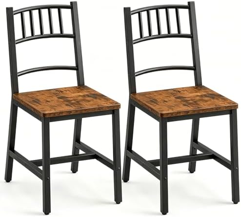 HOOBRO Dining Chairs Set of 2, Wooden Kitchen Chairs with Metal Frame, Industrial Dining Chairs with Back, Easy to Assemble, Farmhouse Dining Chairs for Living Room, Rustic Brown and Black BF39CD01