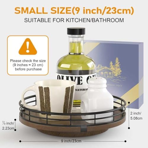 AMH 9-Inch Farmhouse Oak Wood Lazy Susan Organizer for Table Top, Walnut