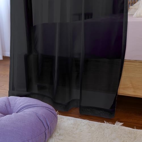 Linentalks Black Canopy Bed Curtains - 8 Panels Set with Tiebacks, Easy Open & Close Tabs, Quick Install for 4 Poster Bed or Queen Bed Frames, Romantic Touch for Bedrooms, Canopy Bed Curtains Queen