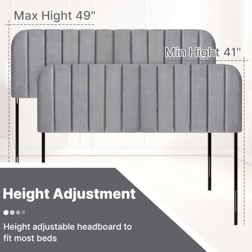 Queen Headboard Only - Upholstered Headboard for Bed, Easy Assembly, Velvet Covered Sponge, Place Between Bed & Wall, Adjustable Metal Legs with Non-Slip Pads, Grey