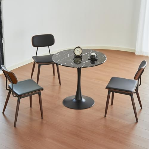 Round Dining Table, 31.5" Circle Tulip Table with Thickened Tabletop & Metal Pedestal, Mid Century Modern Bistro Table for Kitchen, Small Places, Living Room, Cafe (Faux Marble Black)