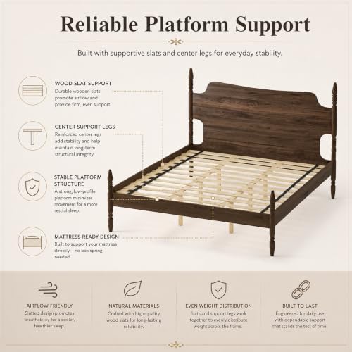 King Farmhouse Wood Platform Bed Frame with Headboard, Walnut Poster Bed