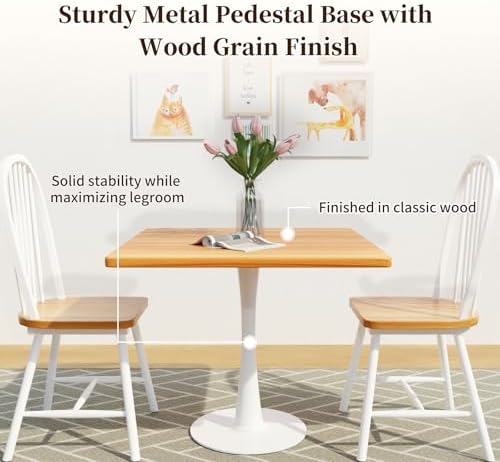 24" Square Small Dining Table for 2, Tulip Bistro Table with White Metal Pedestal Base, Modern Mid-Century Compact Kitchen Dining Piece for Home, Café, Restaurant, or Office
