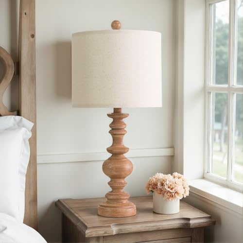BOBOMOMO 24" Farmhouse Table Lamps Set of 2 – Rustic Light Brown Resin Bedside Lamps with Linen Shades, Medium Size Nightstand Lamps for Bedroom, Living Room, and Entryway, Ideal for Warm, Cozy Spaces