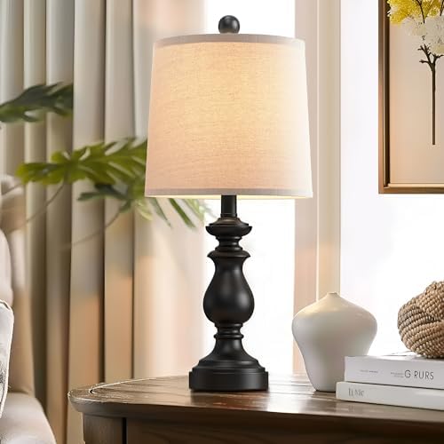 PARTPHONER Traditional Table Lamp Set of 2, Rustic Farmhouse Table Lamps for Living Room Bedroom, 22" Bedside Desk Lamps Vintage Nightstand Lamps with Linen Shades, Black