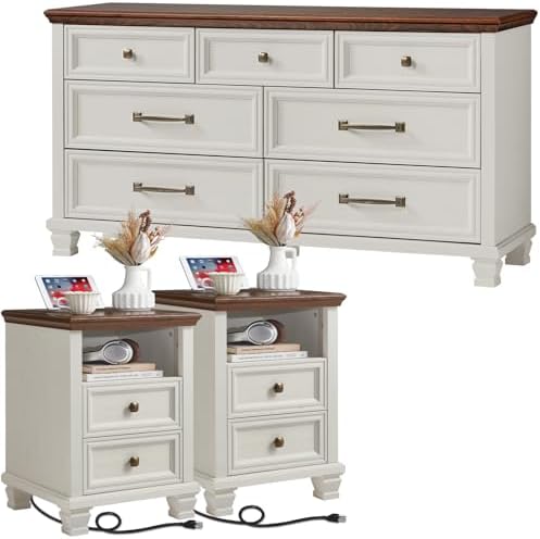 SAVOR LIFE Farmhouse Dresser and Nightstand Sets 3 Piece, White