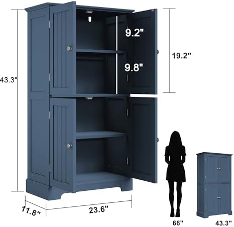 ChooChoo Bathroom Floor Cabinet with Adjustable Shelves | Bathroom Storage Cabinet, 4 Doors, Freestanding Cupboard for Living Room, Blue
