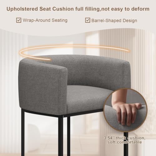26" H Counter Height Bar Stools Set of 3, Modern Barrel Counter Stools with Backrest and Arms, Linen Fabric Upholstered Accent Barstools for Kitchen Island,Support 450 LBS (Gray)