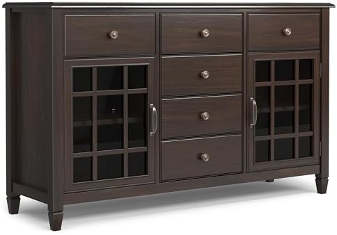 SIMPLIHOME Connaught 60" Wide Solid Wood 3-Door Buffet in Chestnut Brown