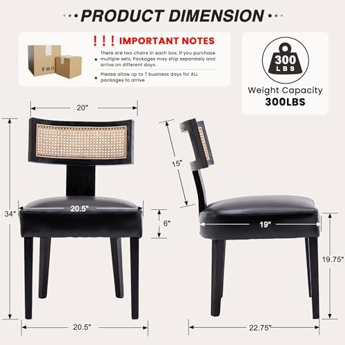 HNY Mid Century Modern Rattan Dining Chairs Set of 4, Farmhouse PU Leather Upholstered Accent Chair Curved Backrest Kitchen Chairs, with Black Hardwood Frame, Black