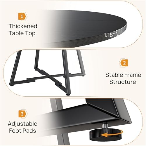 Alpen 42" Round Dining Table for 4-6, Small Kitchen Table with Storage Shelf, Wood Industrial Circle Table with Pedestal Metal Frame, Small Space Table for Apartment, Dining Room, Black
