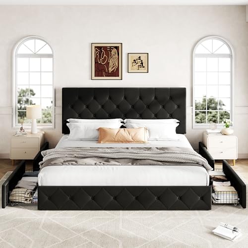 Allewie King Size Storage Bed Frame with 4 Underbed Drawers, Upholstered Platform Bed with Adjustable Headboard, Diamond Button Tufted, Easy Assembly, Noise-Free, No Box Spring Needed, Soft Black