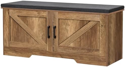 HOMSHO Farmhouse Shoe Storage Bench with 2 Barn Doors & Padded Seat Cushion