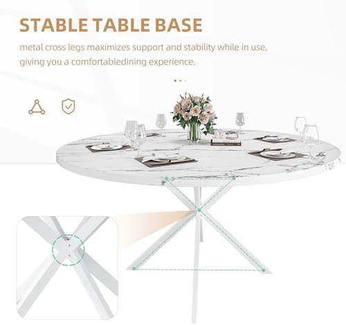 47.24" Round Dining Table for 4-6 Person, Round Kitchen Table with Wood Top, Circle Dinner Pedestal Tables with Metal Legs for Dining Room Kitchen (White Marble)