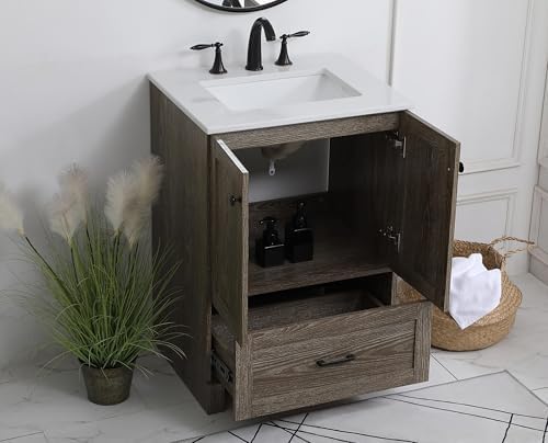 24" Pre-Assembled Bathroom Vanity with Sink, Engineered Wood, Ivory White Engineered Marble Countertop Attached, Single Rectangle Porcelain Sink, 1 Soft-Close Drawers, Weathered Oak