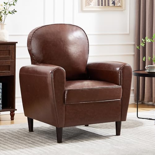 Mid Century Accent Chair, Modern Faux Leather Arm Chair, Comfy Upholstered Reading Chairs Single Sofa Chair for Living Room, Bedroom, Club, Brown