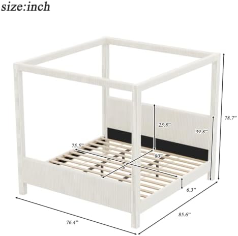 King Size Canopy Bed with Upholstered Headboard & Footboard, Beige