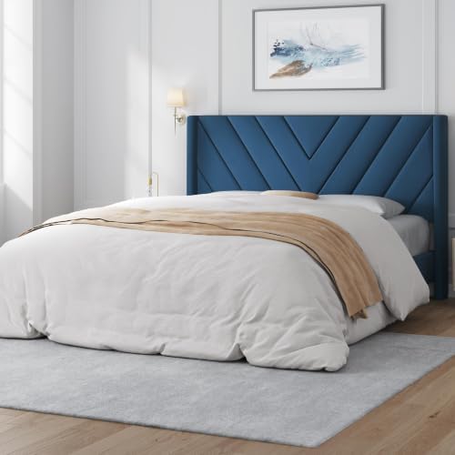 Yaheetech Queen Bed Frame with Chevron Channel-Tufted Headboard, Blue