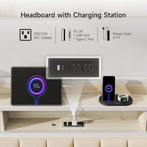 King Headboard Only with Storage, Charging Station, Off White