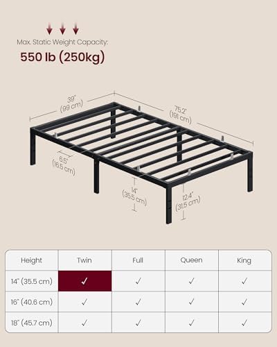 VASAGLE Twin Metal Bed Frame, 14 Inches Tall, 550 lb Weight Capacity