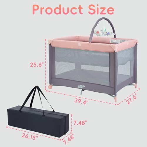 Pamo Babe Pack and Play with Bassinet, Pink Portable Playard for Baby