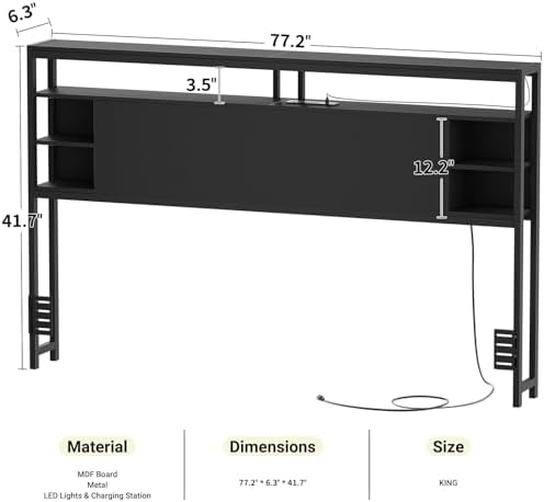 Unikito King Size Headboard with Storage, Headboard with Power Outlet and RGB LED Lights, Sturdy Head Board for King Size Bed, Stable Headboards Only for Bedroom, Dorm Room, Guest Room, Black