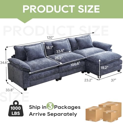 Oprisen 120" Modular Sectional Sofa, Comfy Deep Cloud Couch with Ottoman