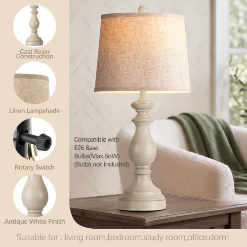 PARTPHONER Traditional Table Lamp Set of 2, Rustic Farmhouse Table Lamps for Living Room Bedroom, 27" Bedside Desk Lamps Vintage Nightstand Lamps with Linen Shades, Antique White