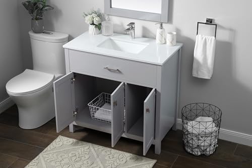 36" Pre-Assembled Bathroom Vanity with Sink, Engineered Wood, Calacatta White Engineered Marble Countertop Attached, Single Rectangle Porcelain Sink, Grey