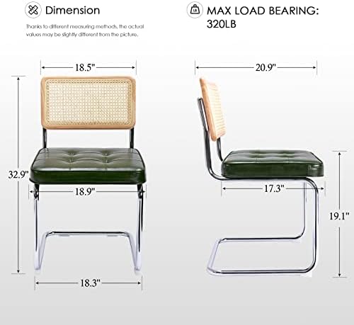 Zesthouse Natural Rattan Dining Chairs Set of 4, Mid Century Modern Dining Room Chairs with Chrome Leg, Faux Leather Kitchen Chair with Solid Wood Back & Cane Mesh, Breuer Cesca Design Inspired, Green