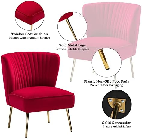 HULALA HOME Velvet Accent Chair, Modern Upholstered Cute Side Chair with Gold Metal Legs, Armless Wingback Slipper Chair Comfy Living Room Chair for Bedroom Guest Room Vanity,RED