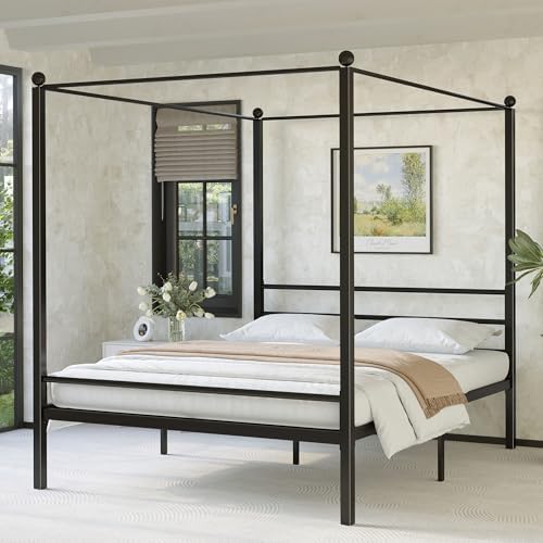 Lutown-Teen King Size Canopy Bed Frame, Four Poster Metal Frame, Black